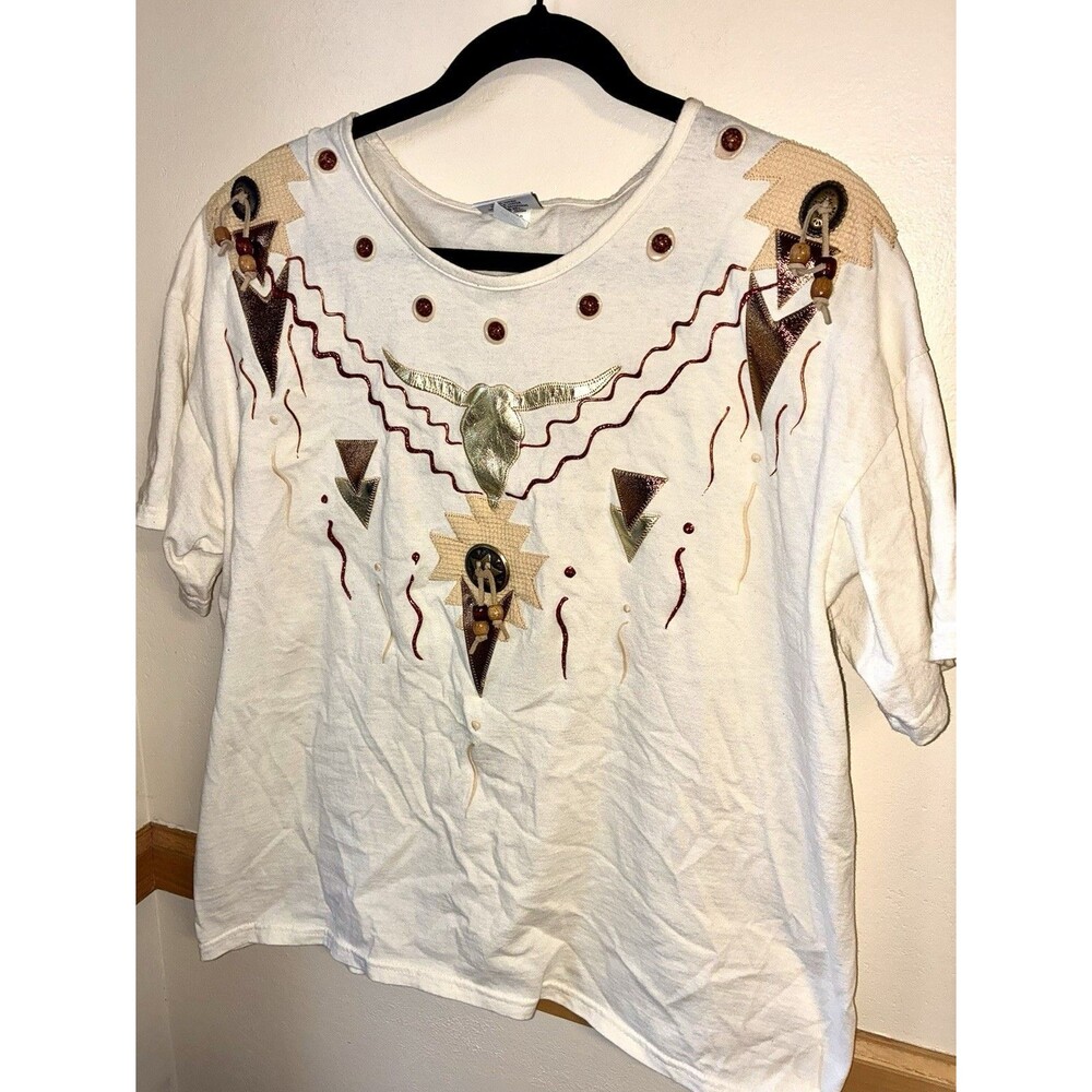 Boxy 90s Boho Festival Graphic Tee Longhorn Southwestern Beaded Embellished OSFA
